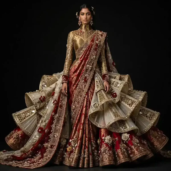 ExpensiveE Red Gold Jharokha Lattice Ruffle Lehenga Bridal Saree