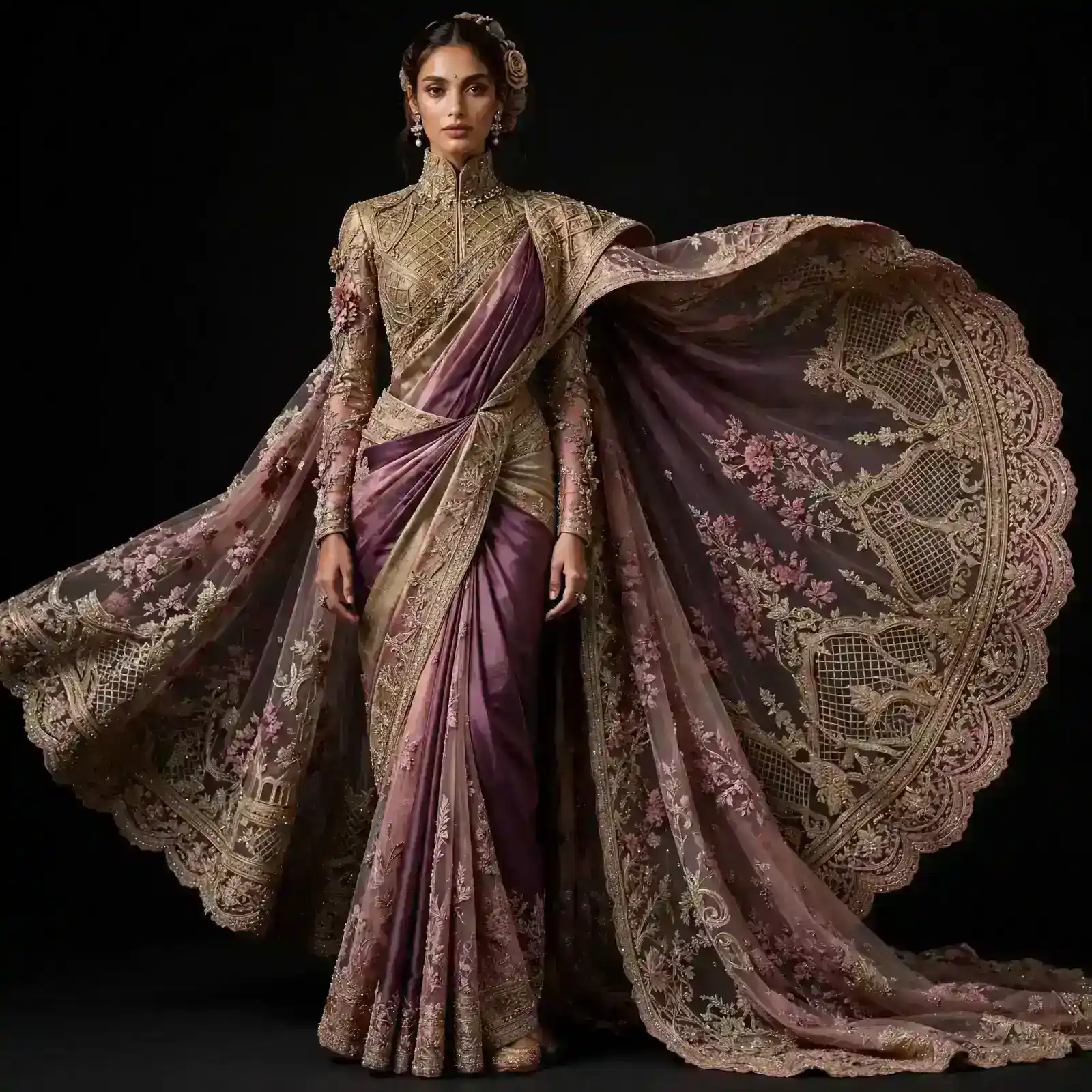ExpensiveE Mauve Plum Purple Beige Gold Sculpted Bow Lattice Bridal Saree with Flying Cape Veil