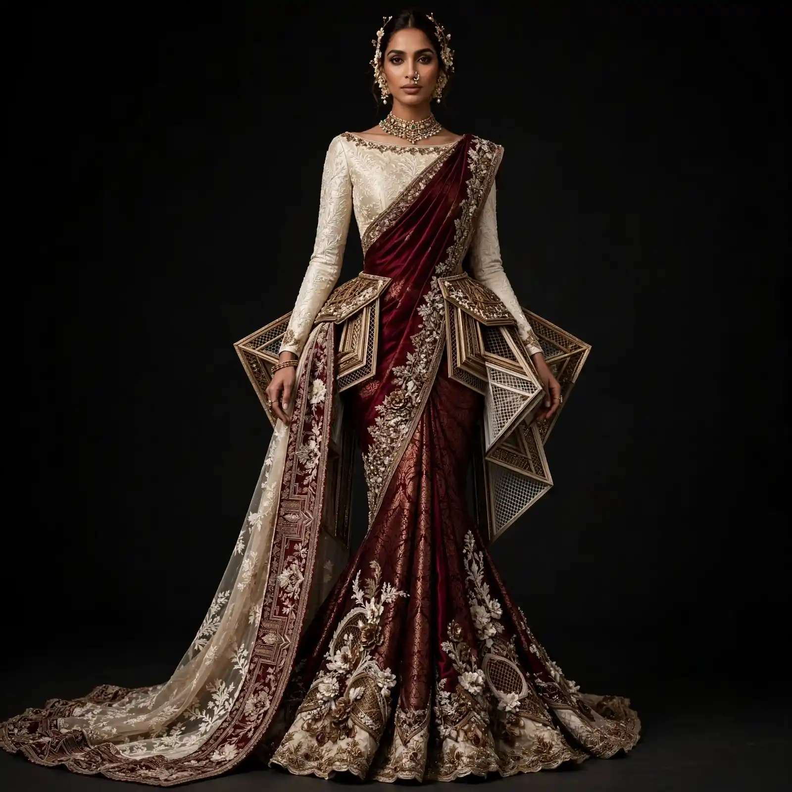 ExpensiveE Maroon Ivory Gold Palace Box Origami Sculpted Bridal Saree