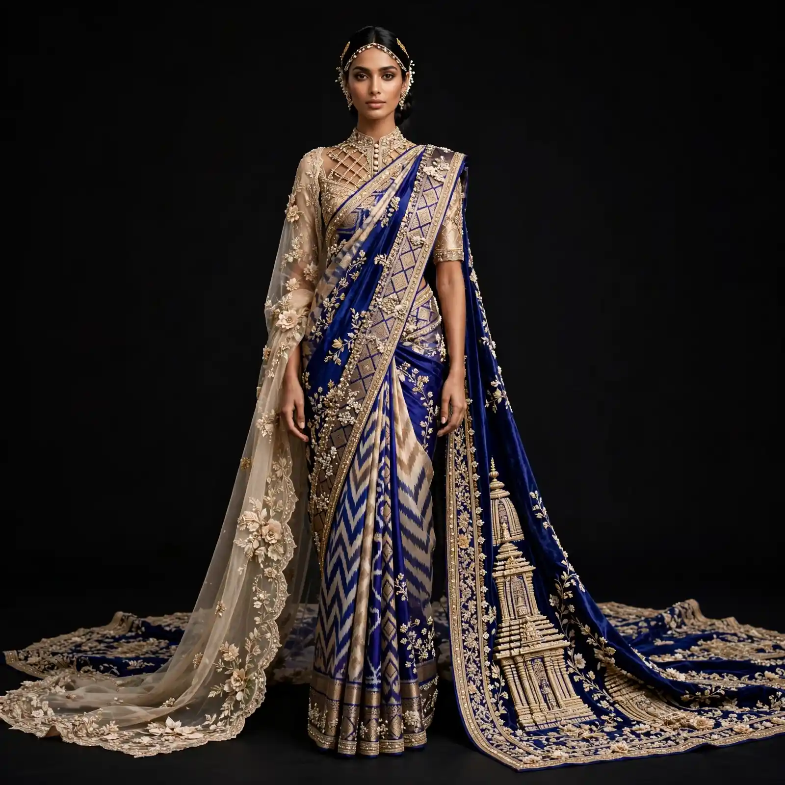ExpensiveE Maroon Ivory Gothic Cathedral Palace Mermaid Bridal Saree With Sculpted Pallu