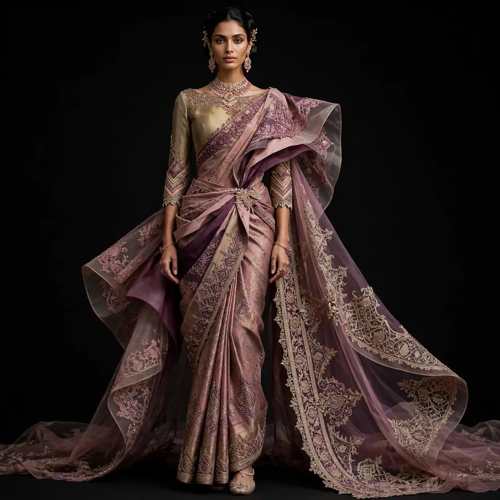 ExpensiveE Emerald Plum Gold Lattice Diamond Cape Bridal Saree With Armor Blouse