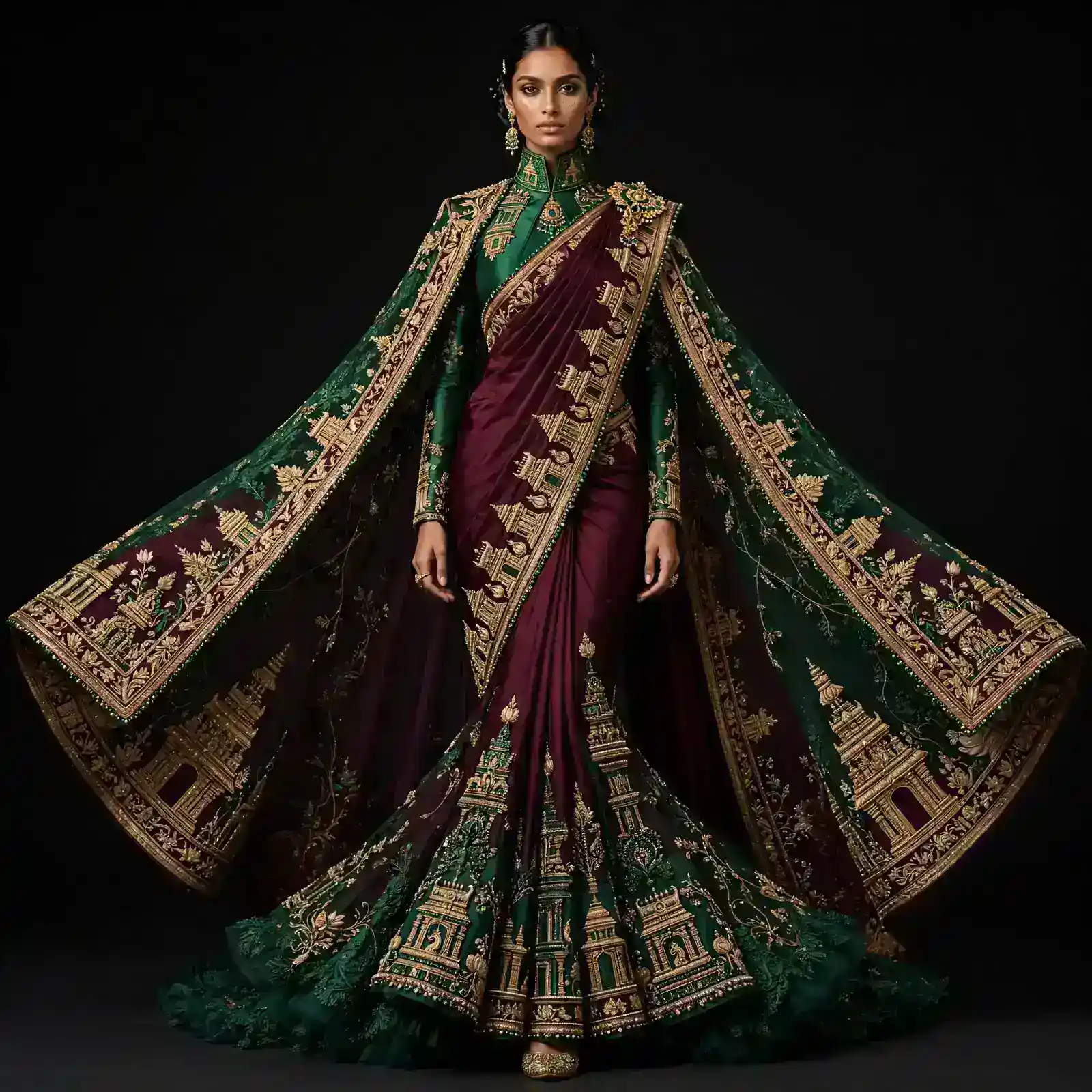 ExpensiveE Maroon Ivory Gold Temple Lattice Sculpted Structured Pallu Bridal Saree