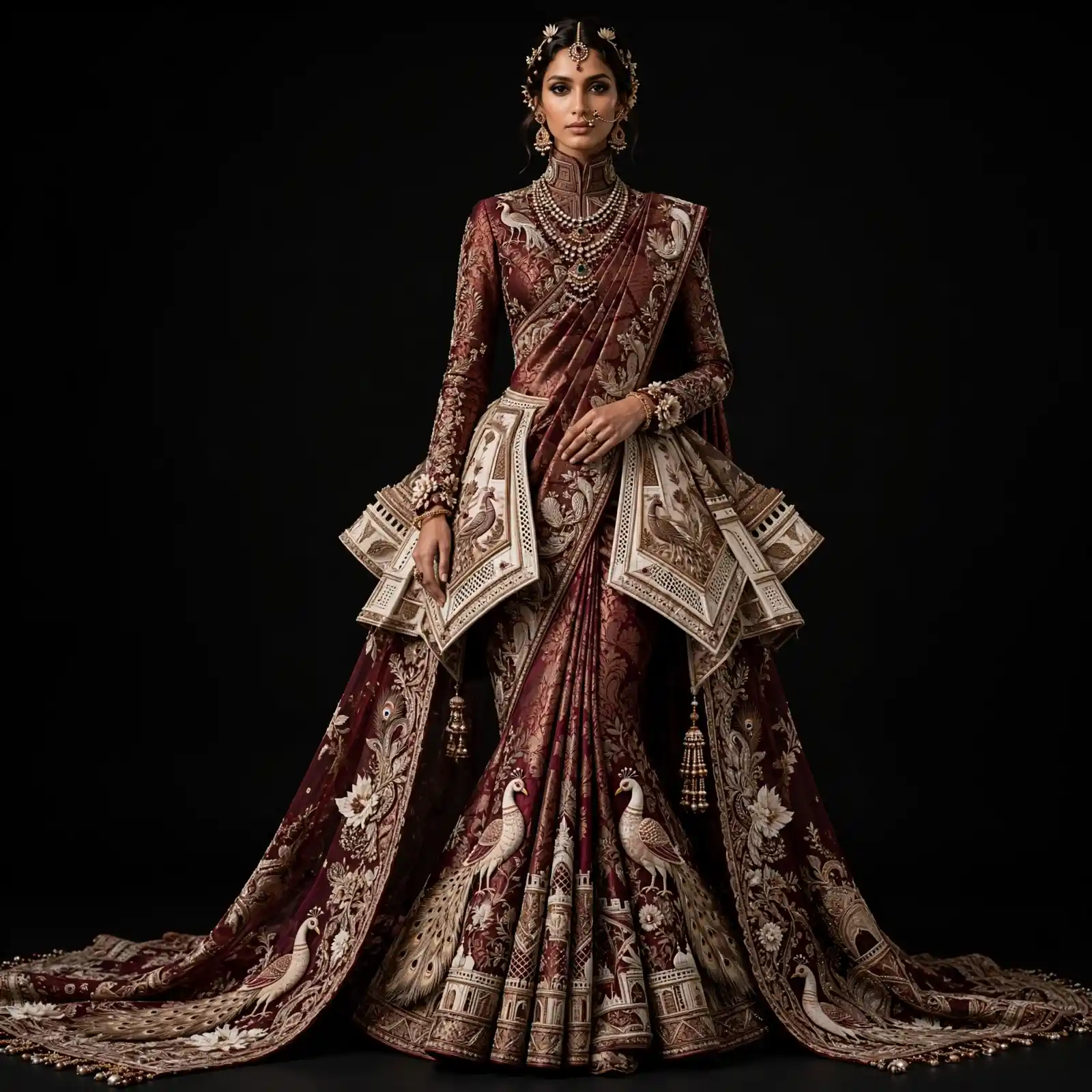 ExpensiveE Burgundy Gold Peacock Peplum Temple Palace Bridal Saree