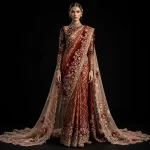 ExpensiveE  Burgundy Maroon Gold Diamond Mirror Floral Lace Bridal Saree