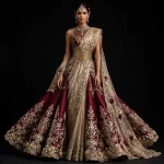 ExpensiveE  Plum Purple Gold Ruffled Organza Sculpted Bridal Saree with Belt