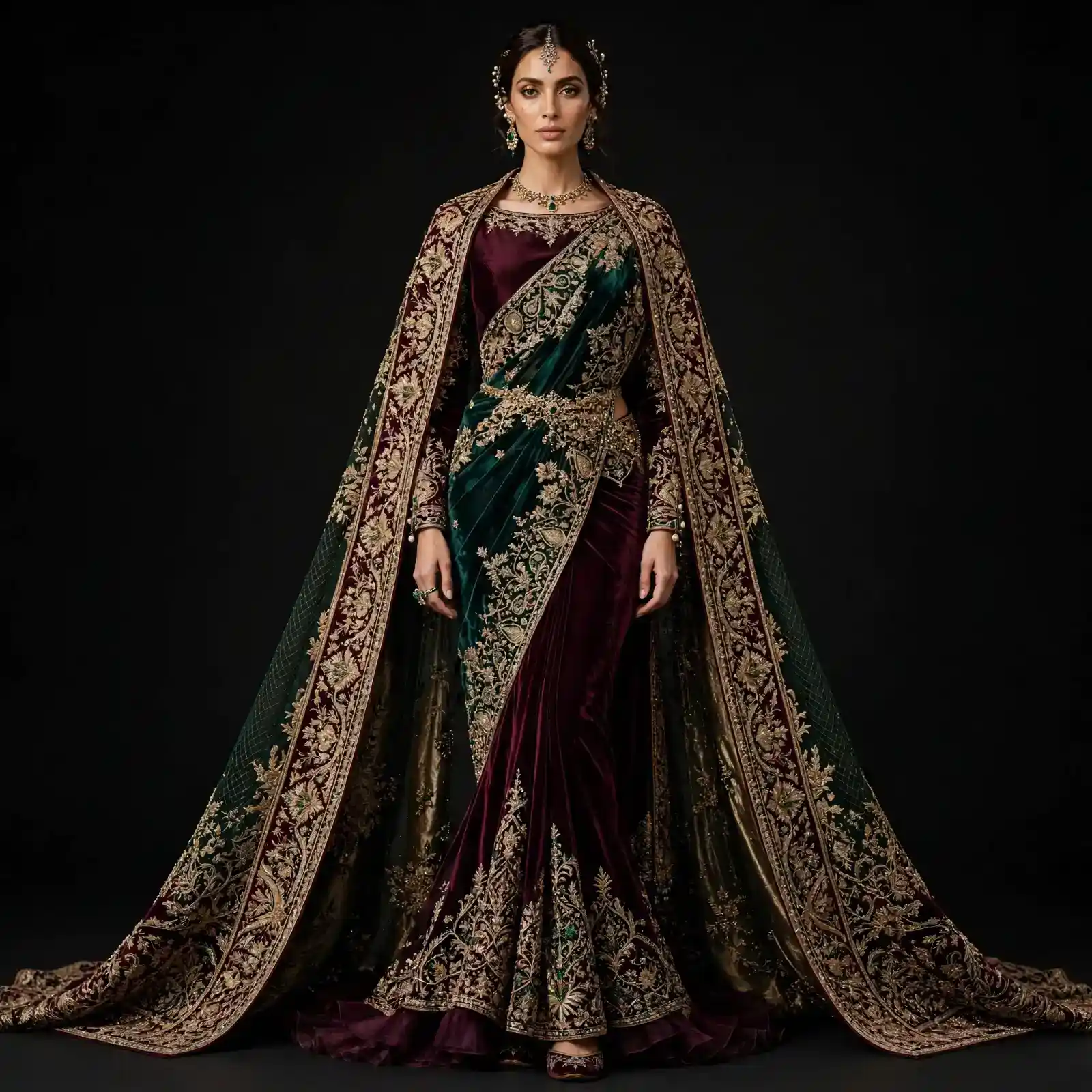 ExpensiveE Emerald Green Burgundy Velvet Heritage Paisley Bridal Saree