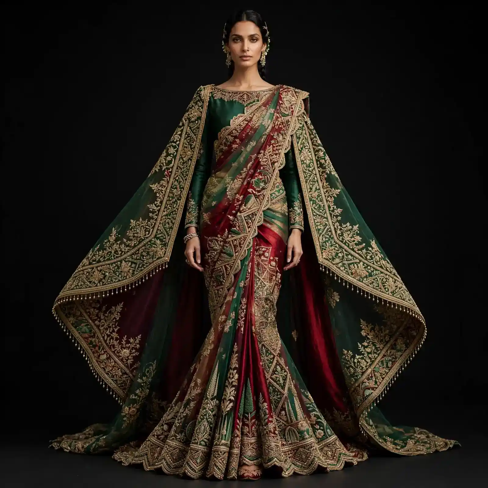 ExpensiveE Green Red Gold Heritage Mermaid Scalloped Bridal Saree with Dual Cape