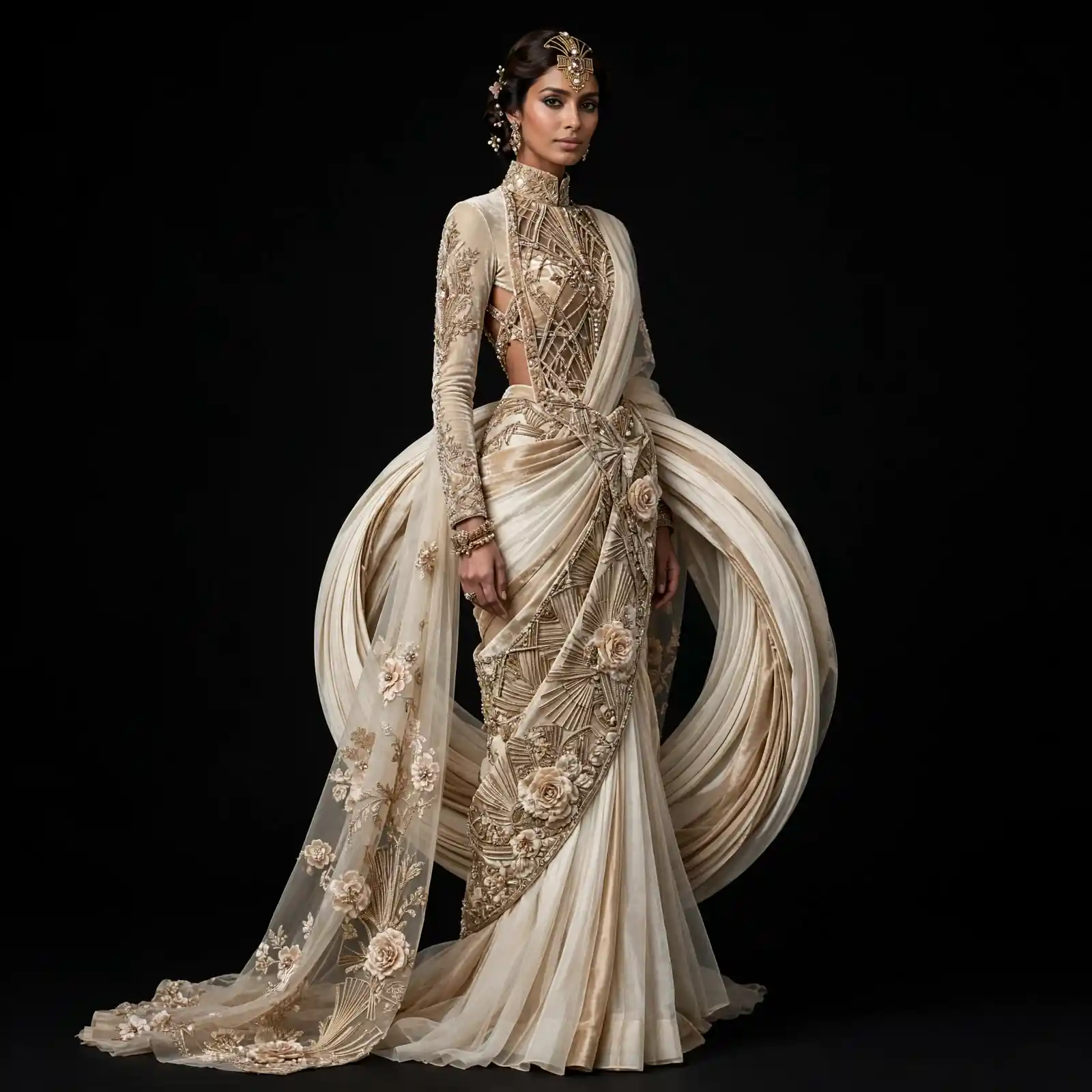ExpensiveE Ivory Champagne Art Deco Sunburst Pleat Corset Bridal Saree