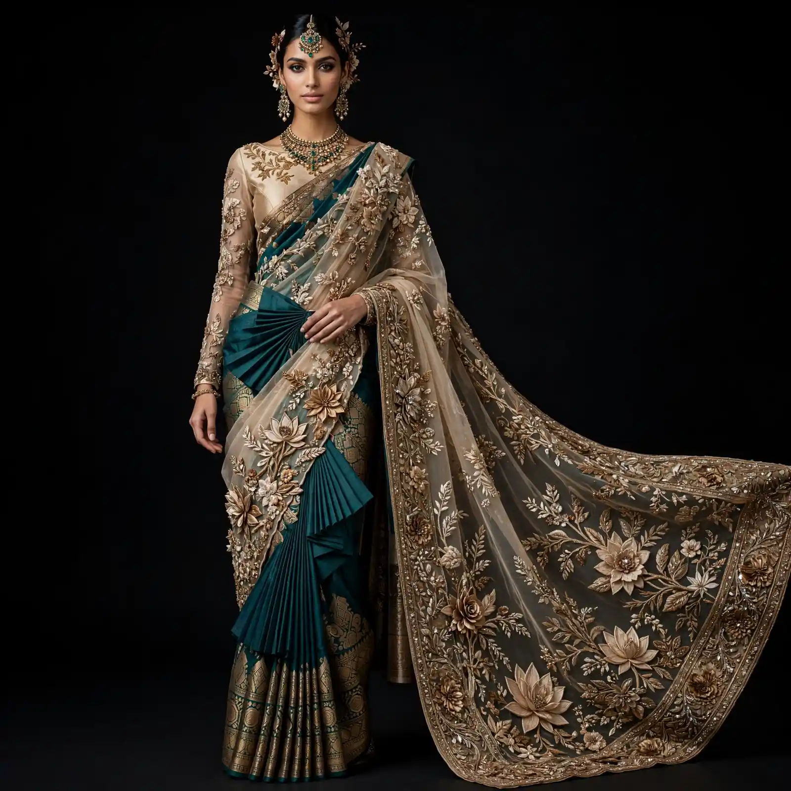 ExpensiveE Teal Gold Lotus Fan Pleated Banarasi Bridal Saree