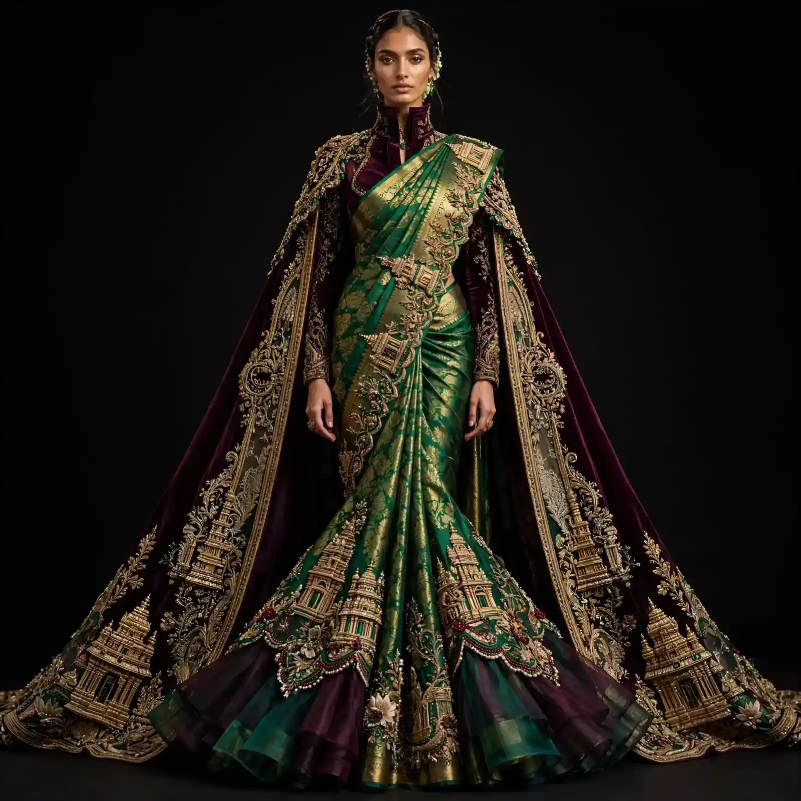 ExpensiveE Royal Green Maroon Temple Palace Dual Tone Bridal Saree with Gold Lattice