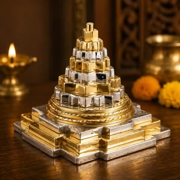 Maha Meru Shree Yantra Gold Platinum Brass - Brass Gold Platinum 3D Meru Yantra Pyramid 6 Tiers