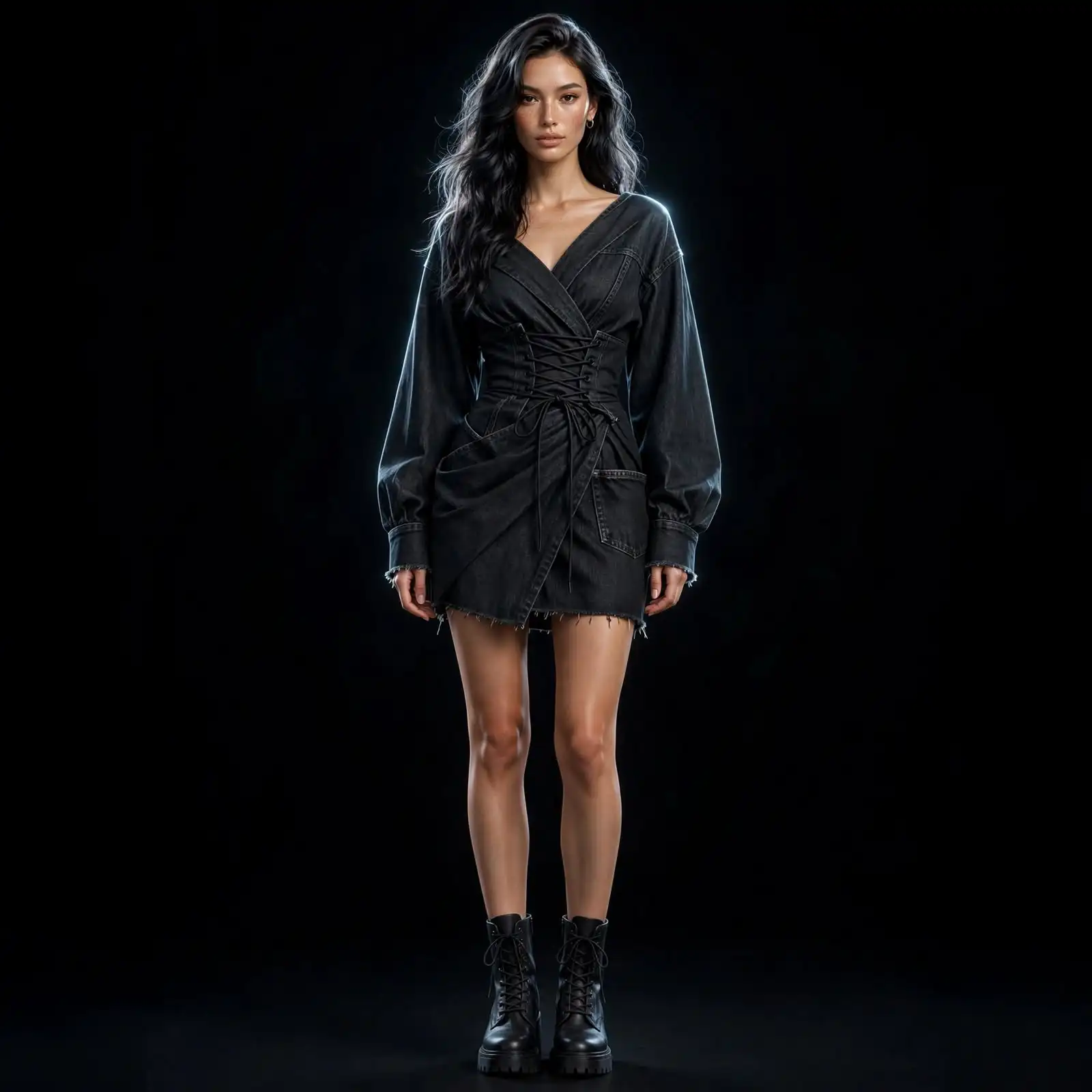 Women's Eclipse Wrap Lace-Up Corset Drape Denim Mini Dress With Puff Sleeve
