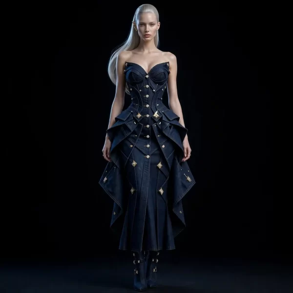 Women's SIRENA CORSET ORIGAMI STRAPLESS PEPLUM BALL GOWN WITH GOLD DIAMOND STUDS