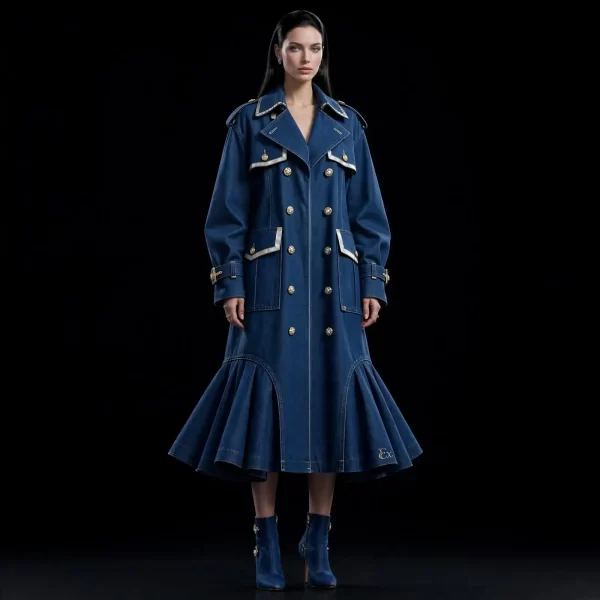 Women's Regalia Double Breasted Mermaid Ruffle Trench Coat Dress Denim Blue