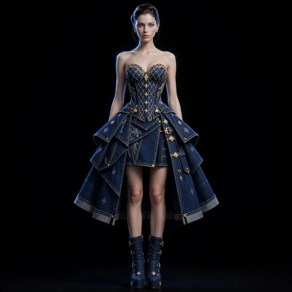 Women's VALKYRIE GOLD LACE CORSET PEPLUM HIGH-LOW GOWN WITH DIAMOND EMBROIDERY
