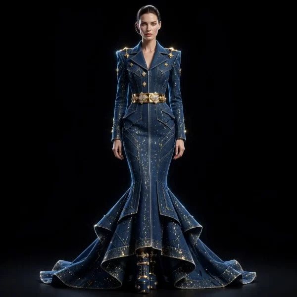 Women's NOVA STARDUST GLITTER MERMAID GOWN WITH DIAMOND GOLD BELT AND RUFFLE TRAIN