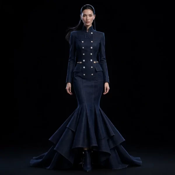 Women's REGALIA DOUBLE BREASTED EX PEARL BUTTON MERMAID GOWN WITH FLARE TRAIN