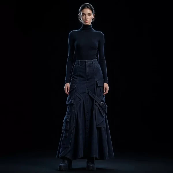 Women's Turtleneck Knit Top With Deconstructed Cargo Denim Maxi Skirt and Buckle Straps