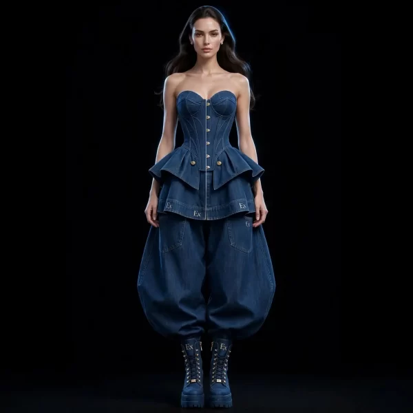 Women's Strapless Peplum Corset Top With Ex Monogram Balloon Denim Harem Pants