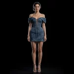 Women's Off-Shoulder Lace-Up Embroidered Denim Corset Mini Dress With Diamond Quilting