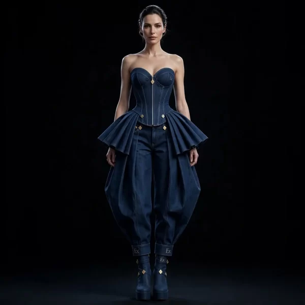 Women's Strapless Zip Front Peplum Corset With Dramatic Train Denim Harem Pants