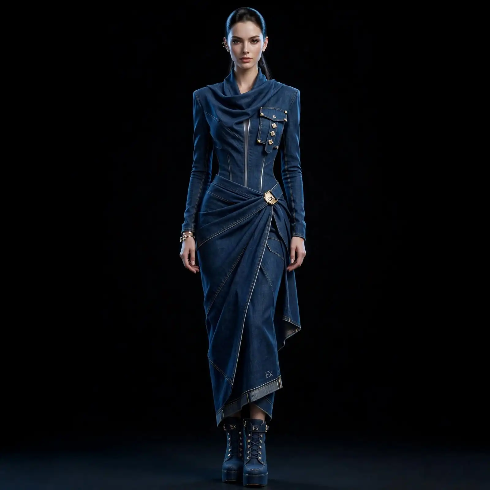 Women's Cowl Draped Denim Wrap Dress With Gold Ex Buckle and Asymmetric Draping