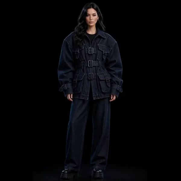 Women's Tactical Titan Buckle Denim Jacket Suit Utilitarian Luxe