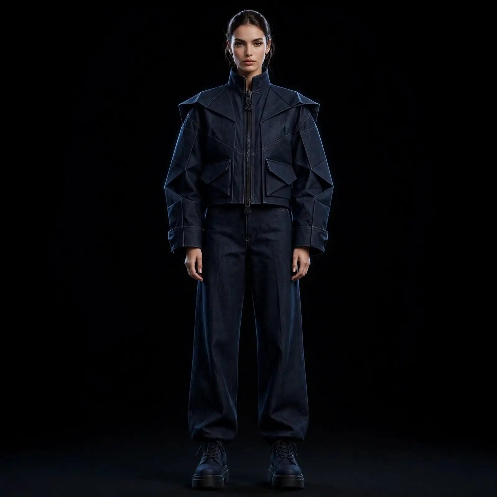Women's Geometric Storm Denim Bomber Set Origami Crop