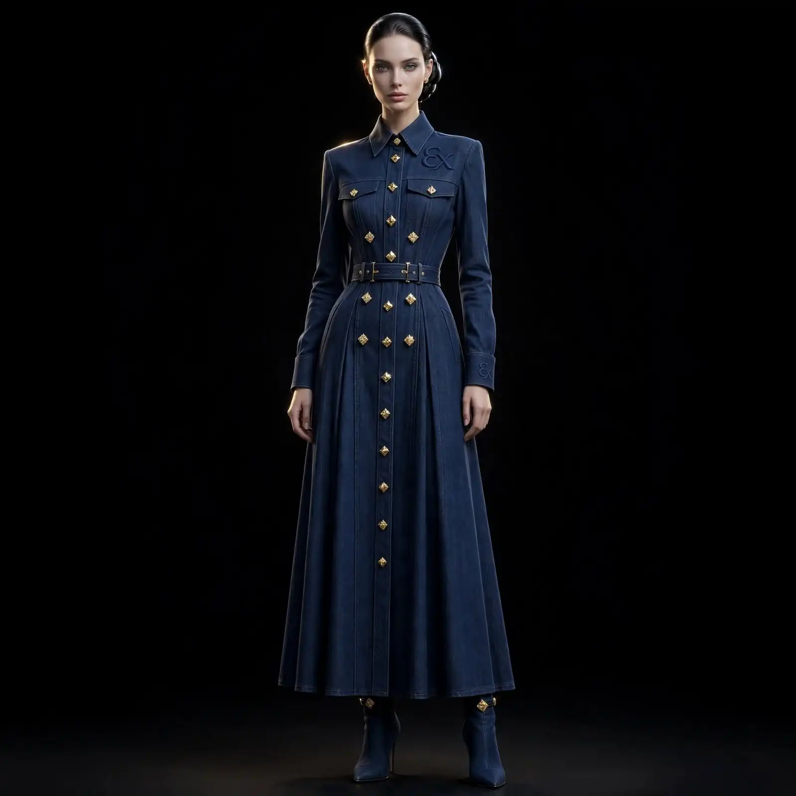 Women's Double-Belt Shirt Denim Maxi Diamond Studded Gown