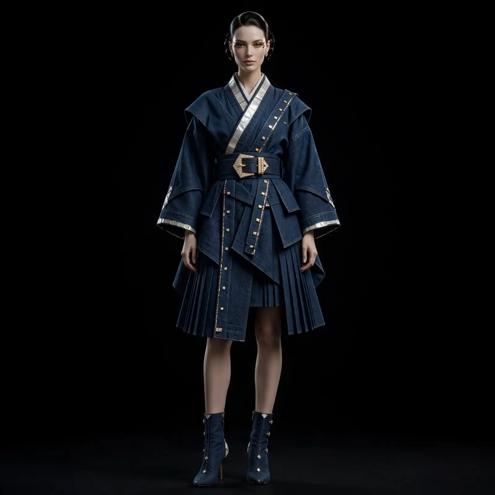 Women's Kimono Samurai Denim Pleat Dress Mother-of-Pearl Obi