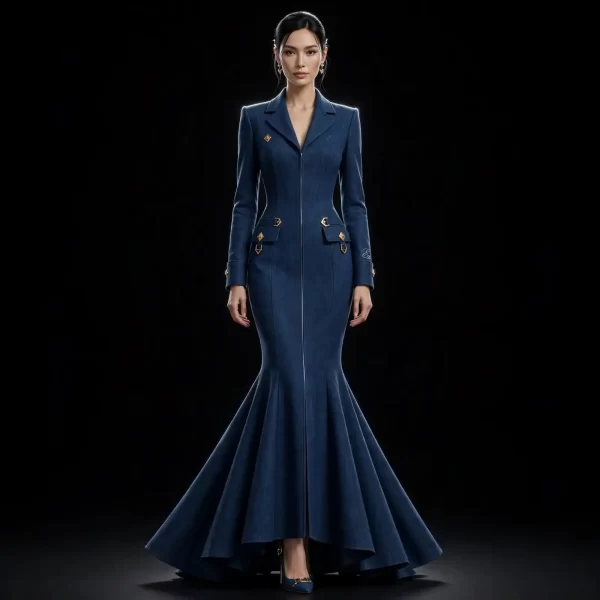 Women's Mermaid Tail Denim Gown Sculpted Zip Fishtail Couture