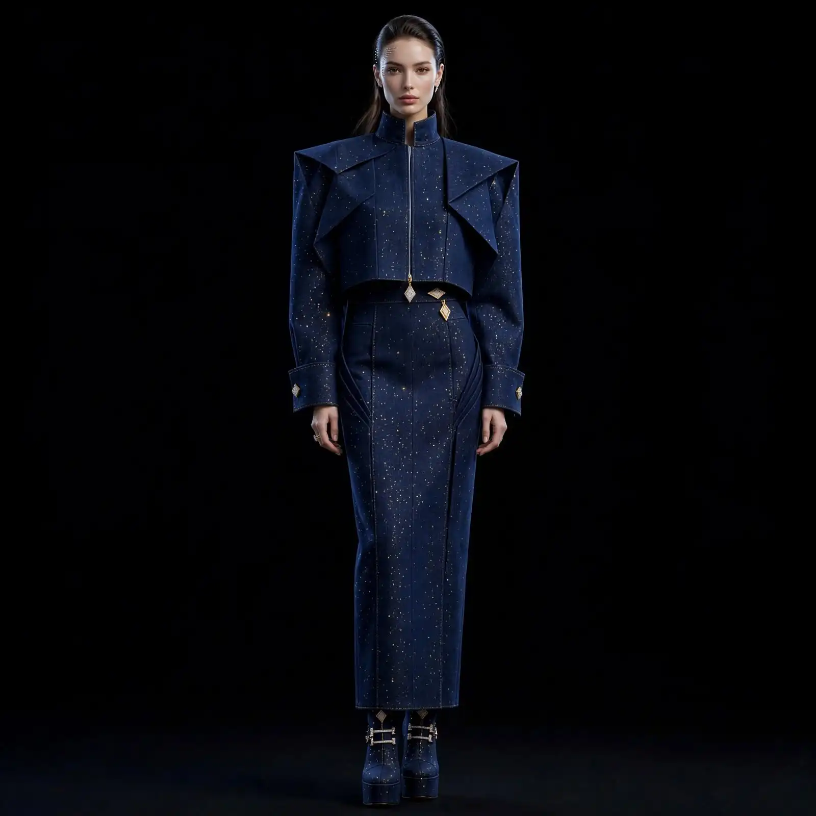 Women's NOVA STARDUST GLITTER ORIGAMI CROP JACKET & LONG SKIRT SET - NAVY