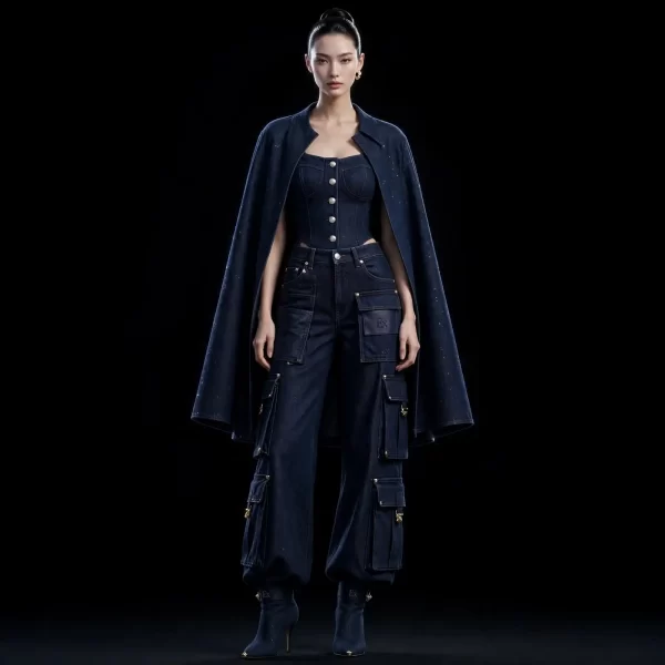 Women's VALKYRIE CORSET CAPE CARGO JOGGER PANT SET WITH EX POCKETS - NAVY GLITTER