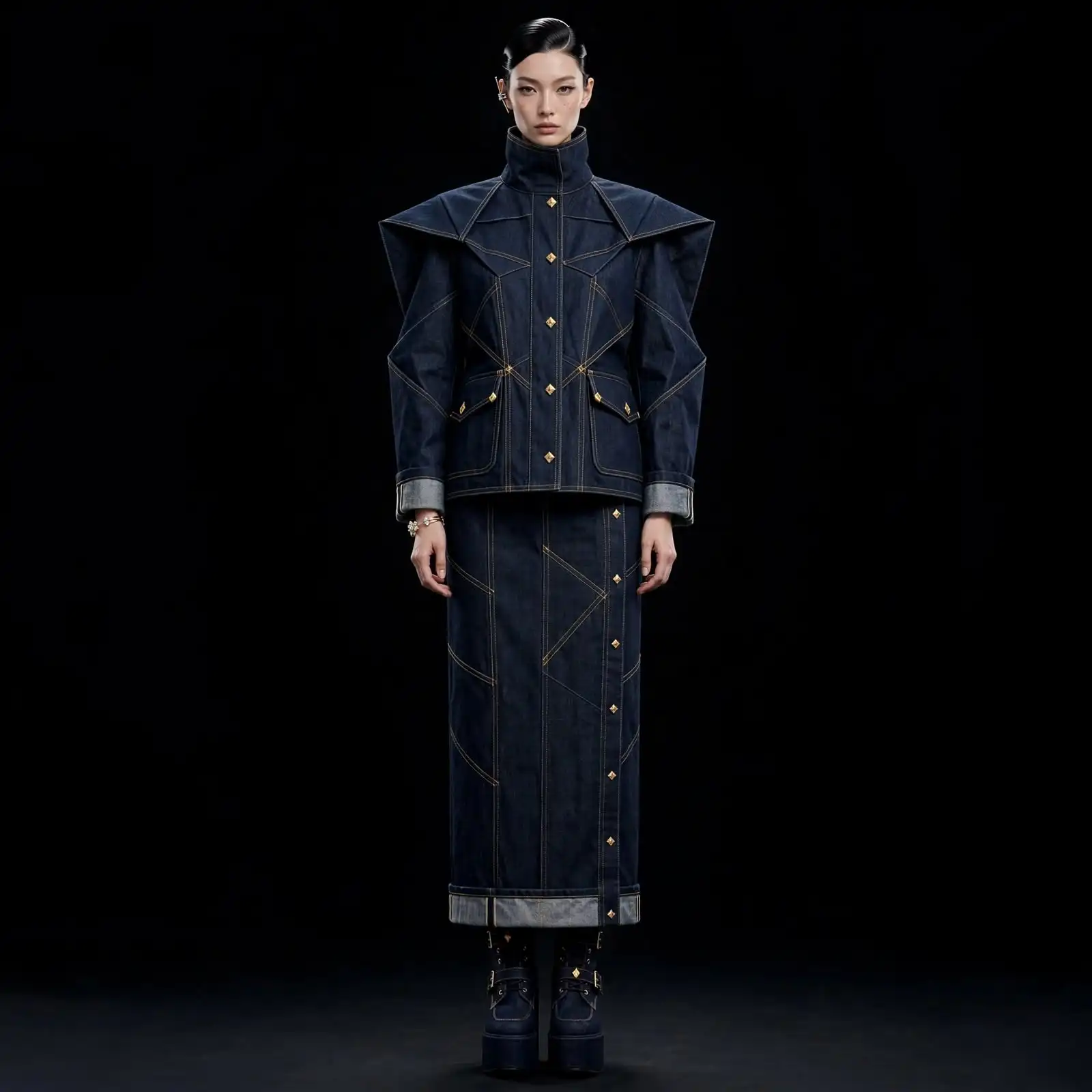 Women's TITAN ORIGAMI HIGH COLLAR ARMORED BLAZER & MAXI SKIRT SET - GEOMETRIC
