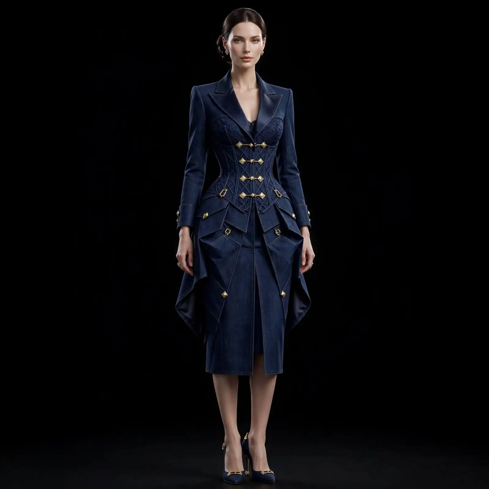 Women's ARCHETYPE CORSET BLAZER ORIGAMI PEPLUM MIDI DRESS WITH GOLD CLASP