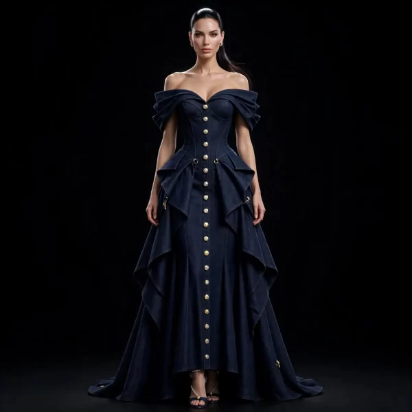 Women's Draped Off-Shoulder Corset Mermaid Gown - Button Front