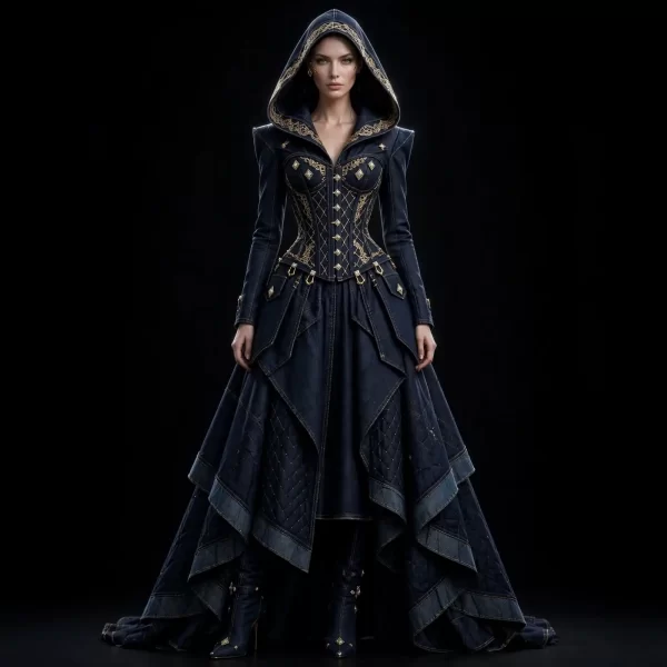 Women's Golden Lace Hooded Corset Ballgown - Quilted Armour Train