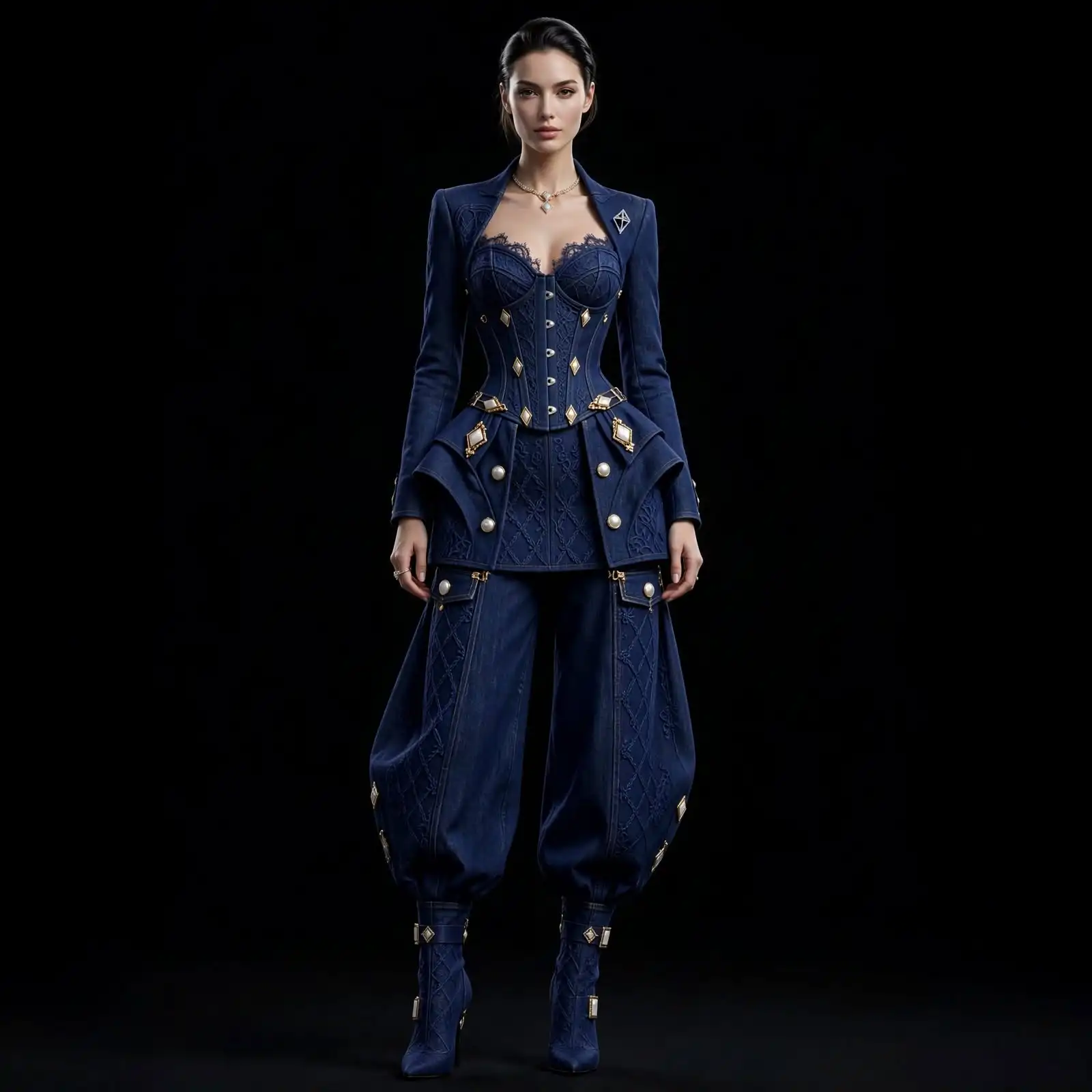 Women's Lace Diamond Corset Peplum Harem Suit - Pearl Button Armour
