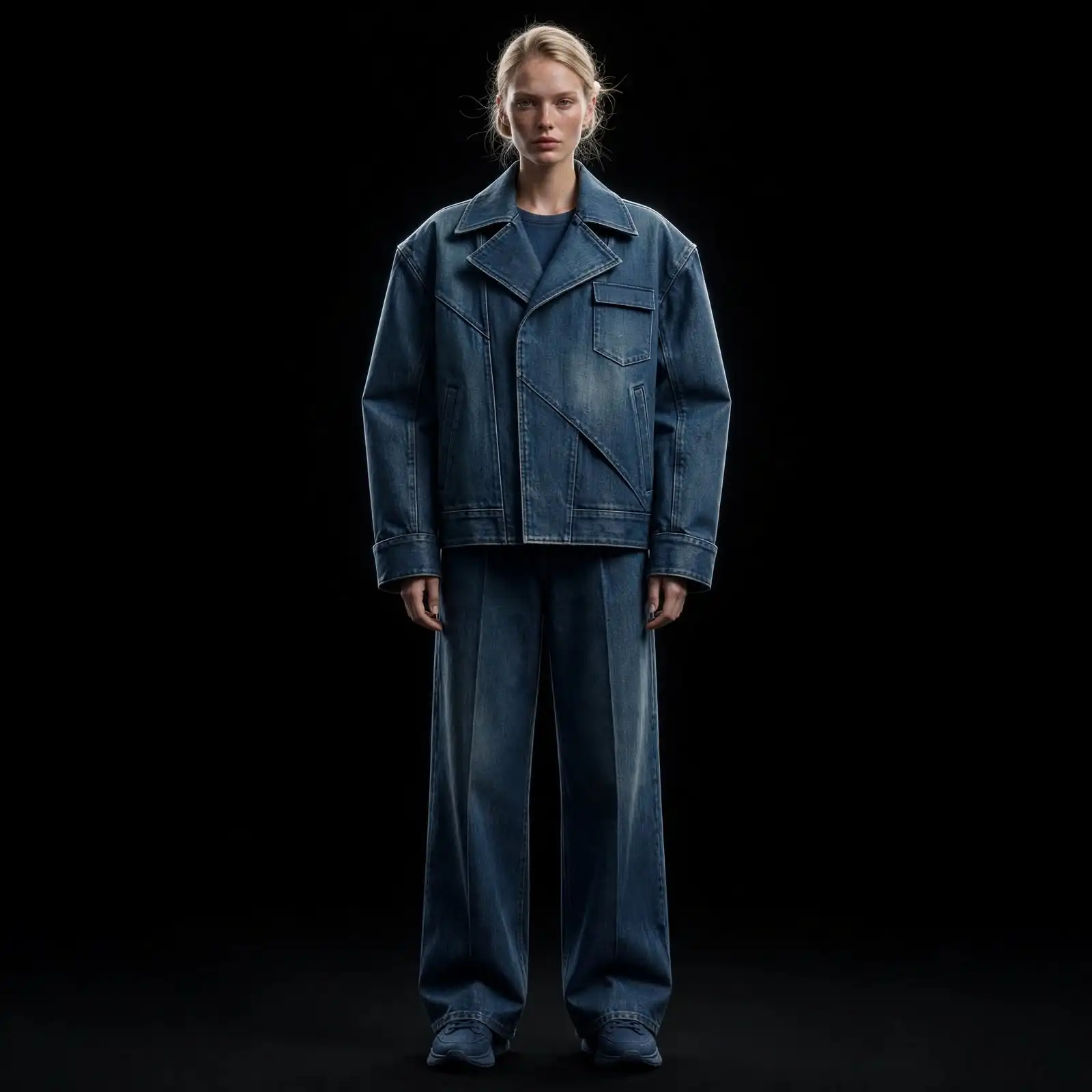 Women's Asymmetric Moto Denim Jacket Suit Wide-Leg Tailored Set