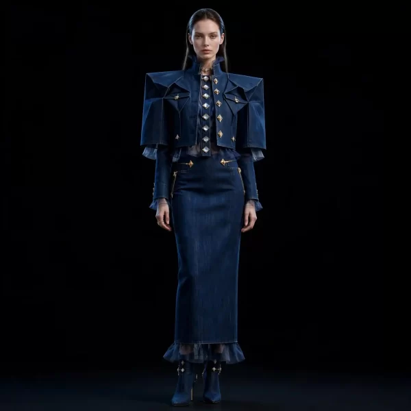 Women's Winged Armour Denim Cape Skirt Suit Diamond Button Studded