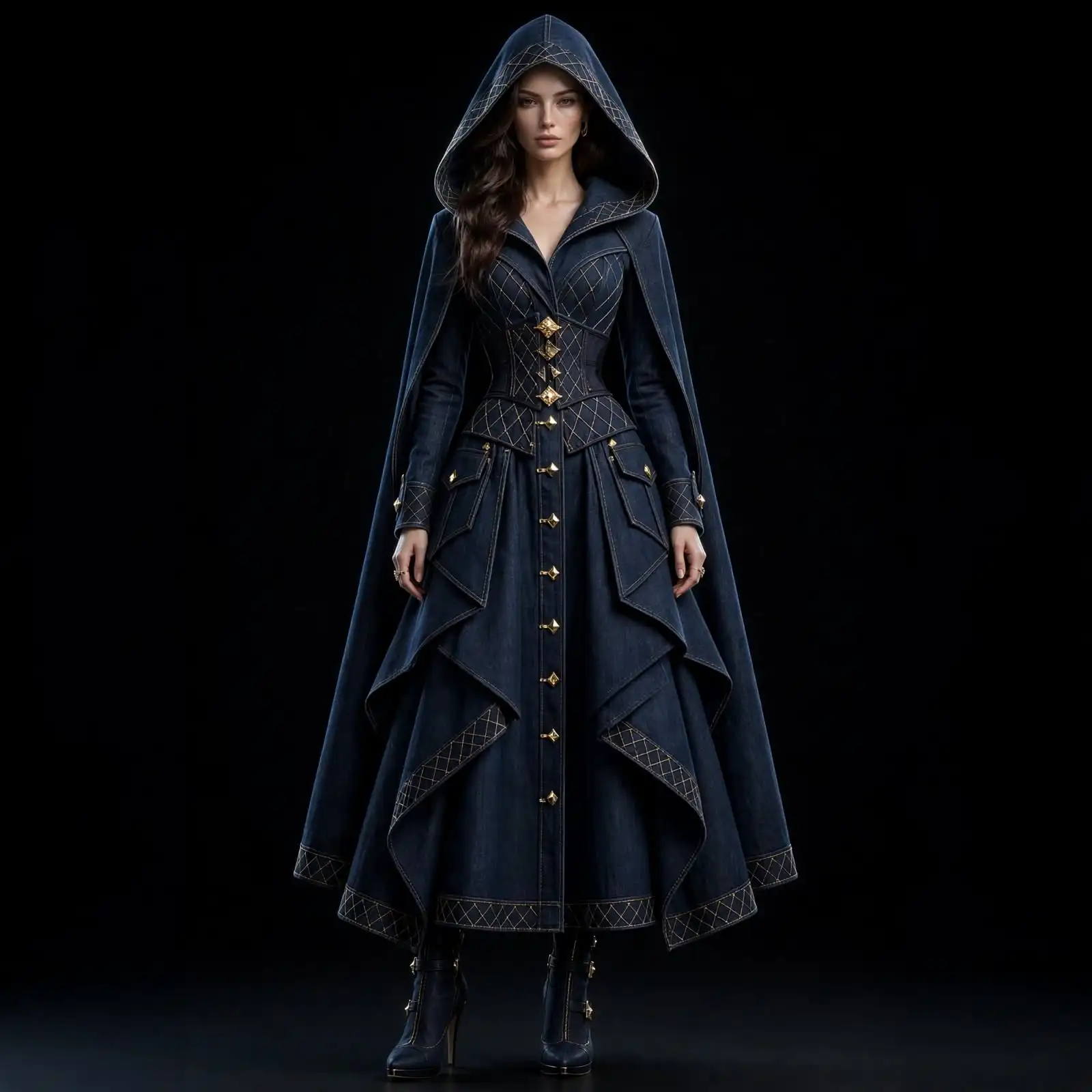 Women's Hooded Quilted Armour Corset Cape Gown - Gold Diamond Lattice