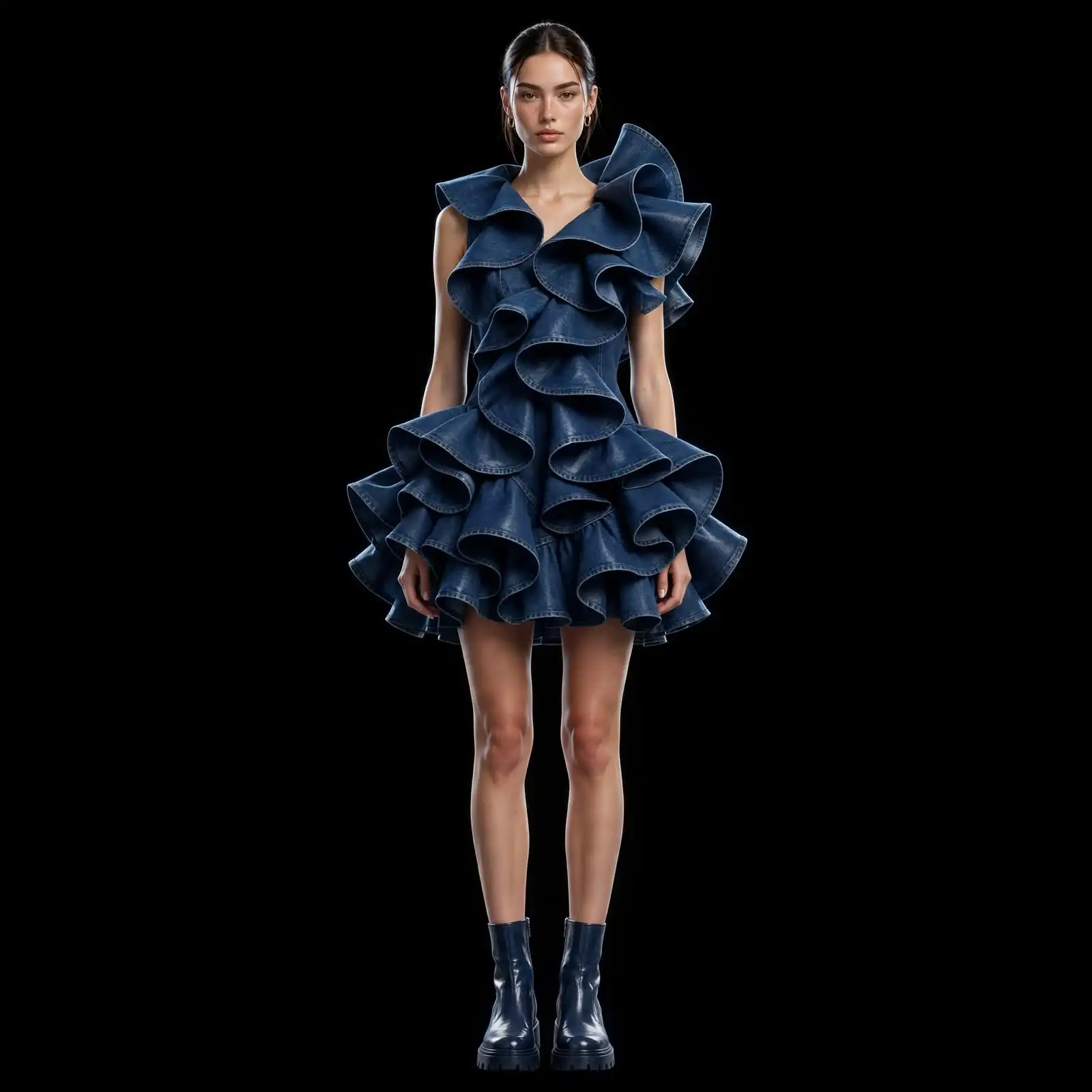 Women's Ruffled Cascade Denim Mini Dress Sculpted Ruffles Ball