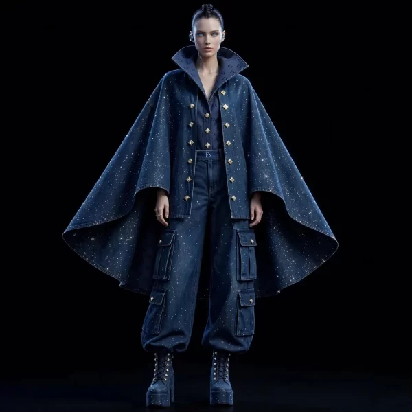 Women's Starlight Cape Denim Cargo Suit Monogram Diamond Futuristic