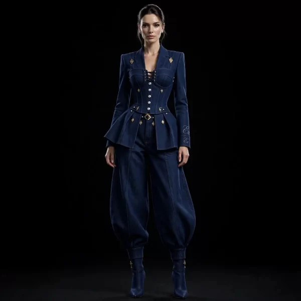 Women's Laced Corset Peplum Balloon Suit - Gold Diamond Blazer