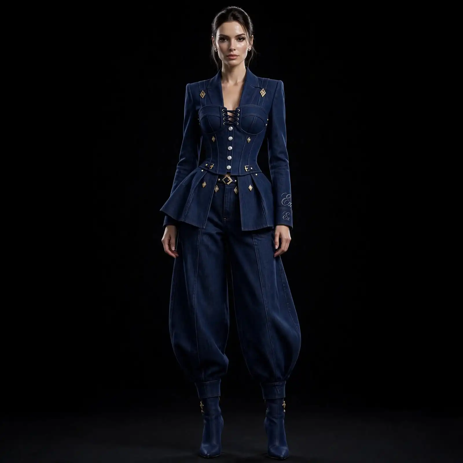 Women's Laced Corset Peplum Balloon Suit - Gold Diamond Blazer