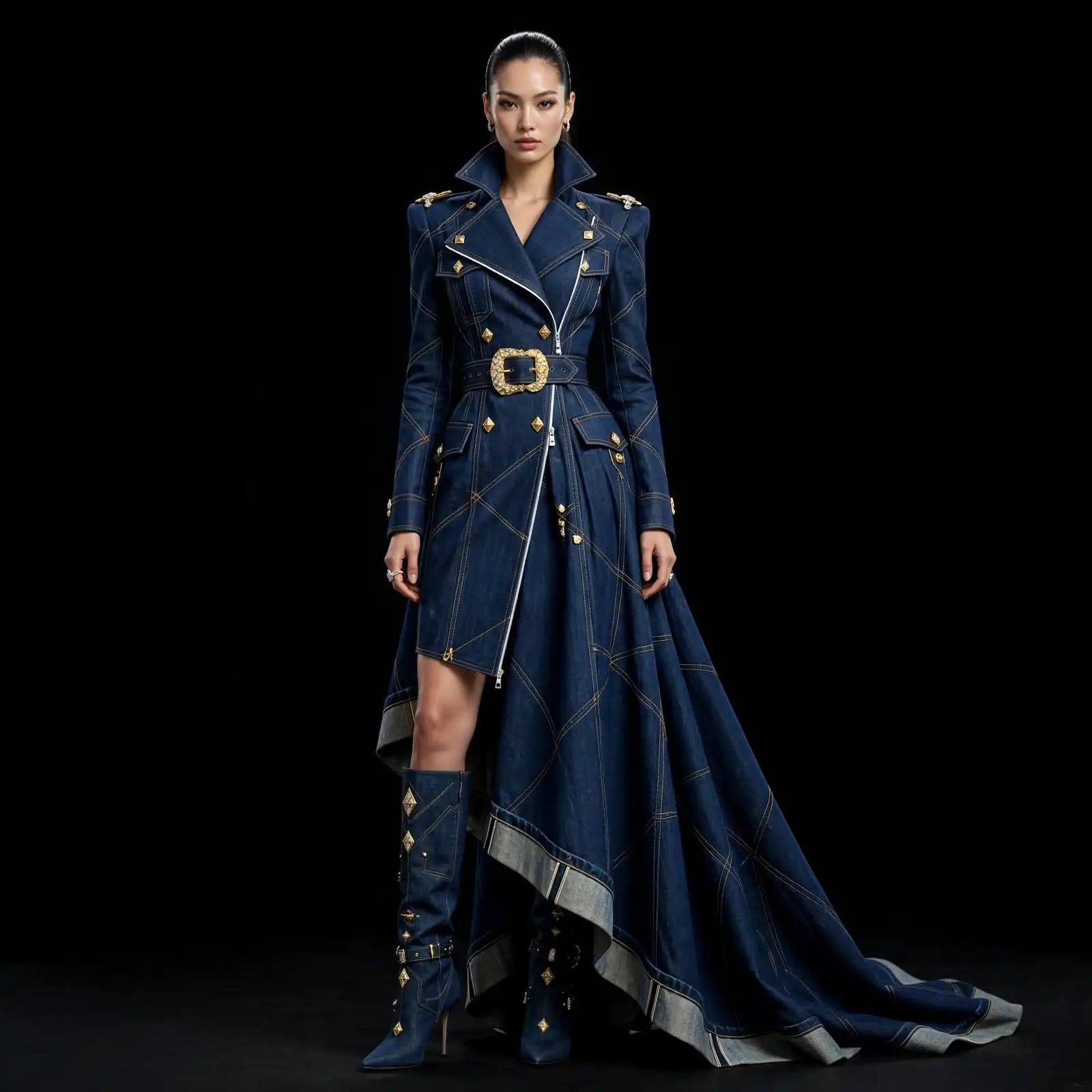 Women's Asymmetric Zip High-Low Denim Train Gown Gold Buckle Officer