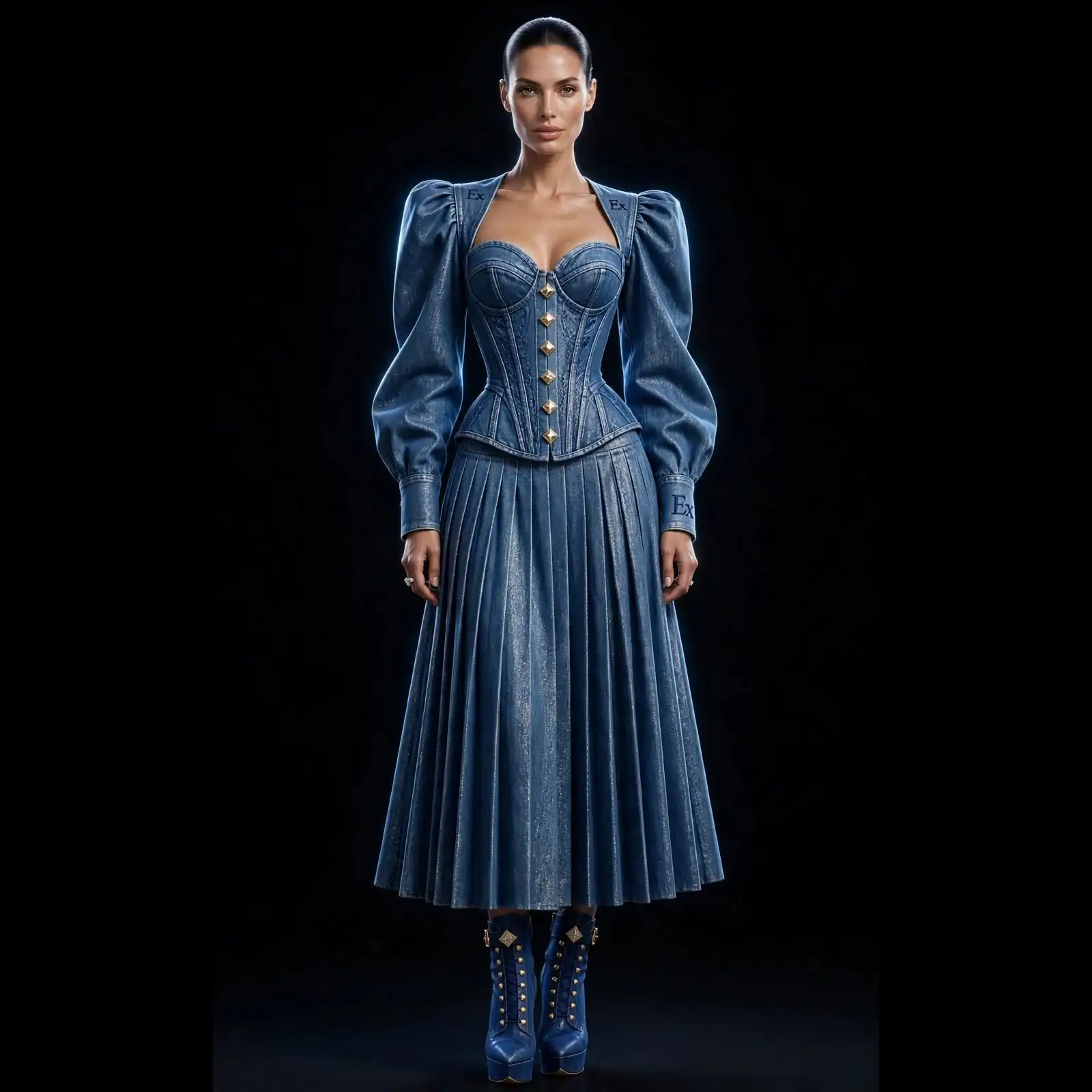 Women's Coated Gloss Corset Pleated Ball Skirt Set - Puff Sleeve Armour