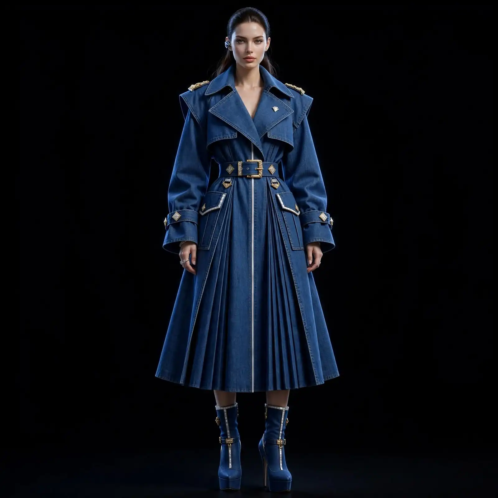 Women's Belted Pleated Trench Coat Gown - Diamond Buckle Officer Cargo
