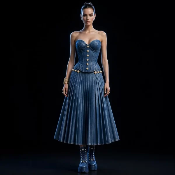 Women's Strapless Diamond Corset Pleated Midi Dress - Gold Chain Belt