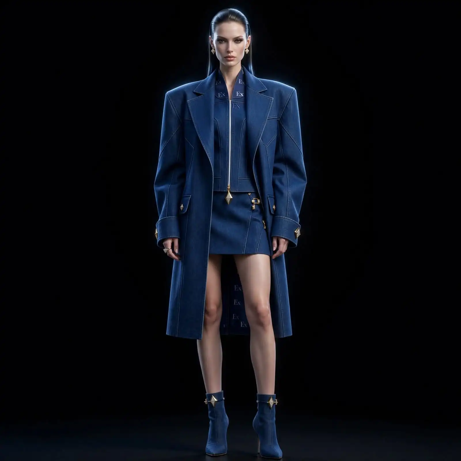 Women's Ex Zip Power Shoulder Trench Coat Mini Dress - Long Coat Over Mini